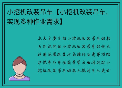 小挖机改装吊车【小挖机改装吊车,实现多种作业需求】 小挖机改装吊车【小挖机改装吊车,实现多种作业需求】